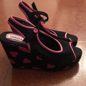 Brand New Black with Pink Hearts Wedges